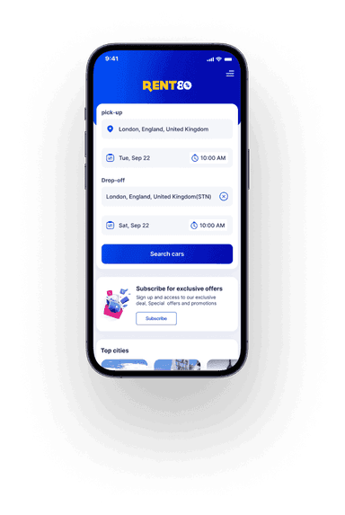Mockup of a phone showing the rent80 app